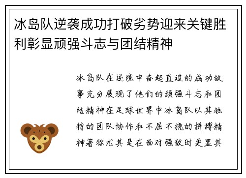 冰岛队逆袭成功打破劣势迎来关键胜利彰显顽强斗志与团结精神