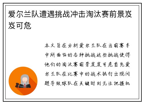 爱尔兰队遭遇挑战冲击淘汰赛前景岌岌可危