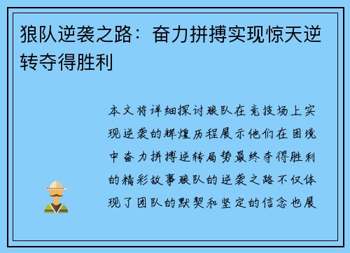 狼队逆袭之路：奋力拼搏实现惊天逆转夺得胜利