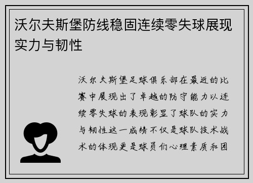 沃尔夫斯堡防线稳固连续零失球展现实力与韧性