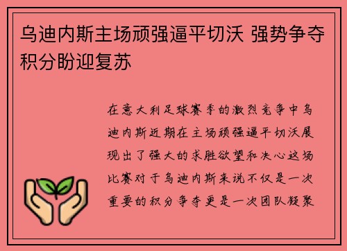 乌迪内斯主场顽强逼平切沃 强势争夺积分盼迎复苏