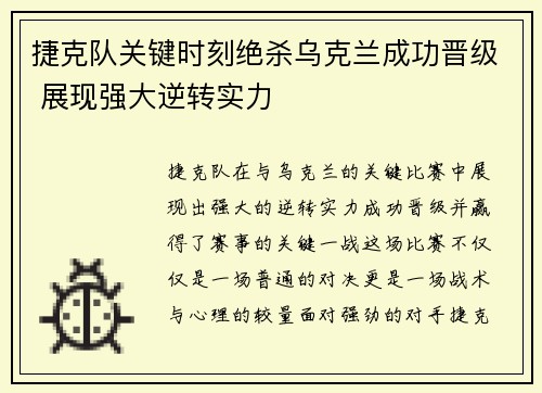 捷克队关键时刻绝杀乌克兰成功晋级 展现强大逆转实力