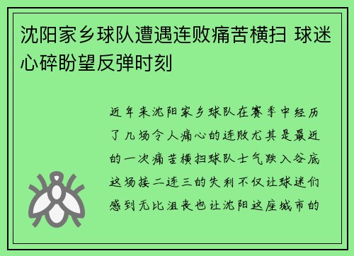 沈阳家乡球队遭遇连败痛苦横扫 球迷心碎盼望反弹时刻