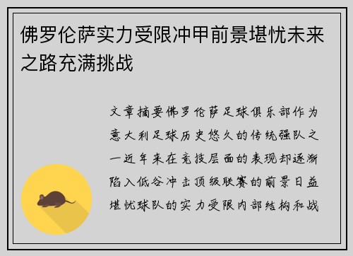 佛罗伦萨实力受限冲甲前景堪忧未来之路充满挑战