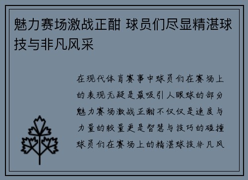 魅力赛场激战正酣 球员们尽显精湛球技与非凡风采