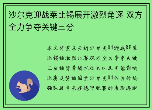 沙尔克迎战莱比锡展开激烈角逐 双方全力争夺关键三分