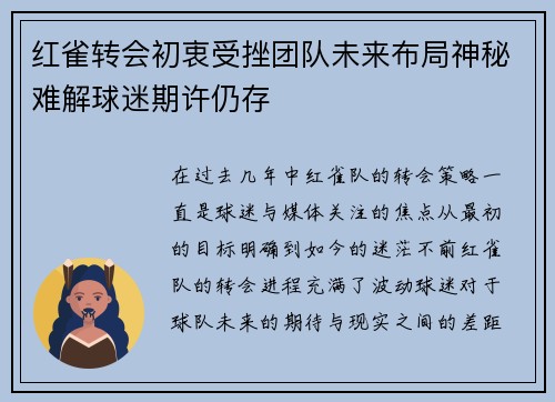 红雀转会初衷受挫团队未来布局神秘难解球迷期许仍存