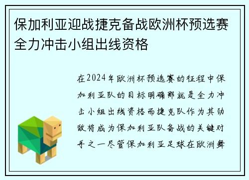 保加利亚迎战捷克备战欧洲杯预选赛全力冲击小组出线资格