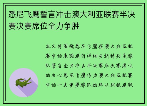 悉尼飞鹰誓言冲击澳大利亚联赛半决赛决赛席位全力争胜