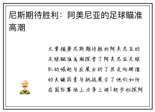 尼斯期待胜利：阿美尼亚的足球瞄准高潮