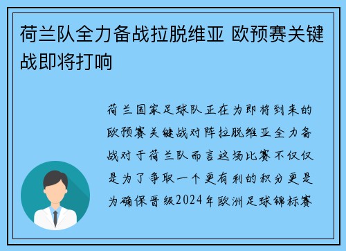 荷兰队全力备战拉脱维亚 欧预赛关键战即将打响