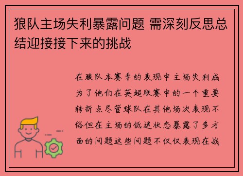 狼队主场失利暴露问题 需深刻反思总结迎接接下来的挑战