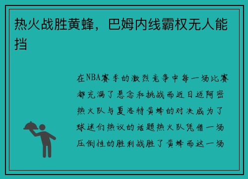 热火战胜黄蜂，巴姆内线霸权无人能挡