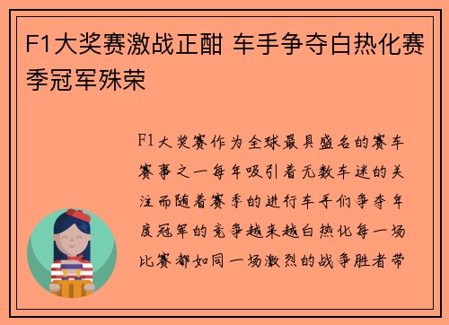 F1大奖赛激战正酣 车手争夺白热化赛季冠军殊荣
